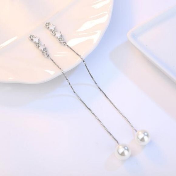 925 Sterling Silver Diamond Star Pearl Earrings - Picture 4 of 8